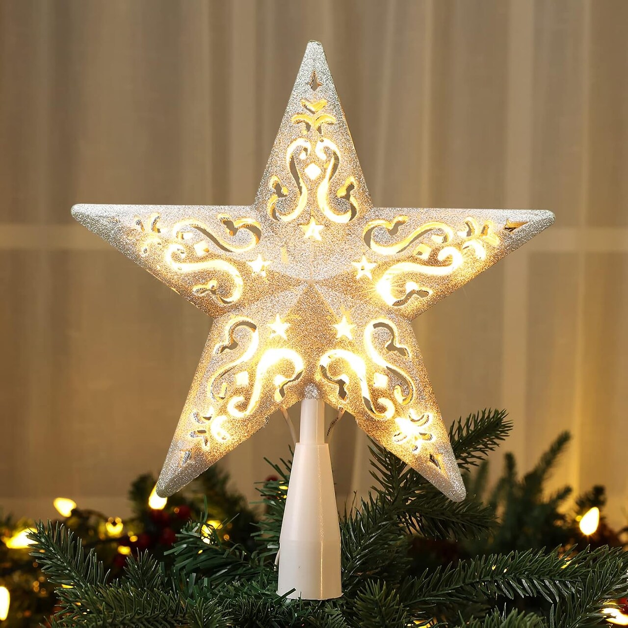 Star Christmas Tree Topper, 8" Glittered Hollow-Out Tree top Star